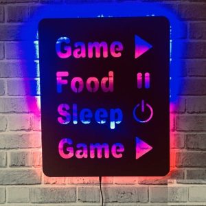 Play Eat Sleep and Replay Game Wall Art, Young Room Led Sign Home Decor Design, Gamer Silhouette Template, Gamer Room Metal Wall Art