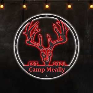 Skull Antler Deer Head in Circle Custom Welcome Door , Afcultures Custom Neon Metal Sign, Neon Lights Metal Wall Art With Led Lights - MS