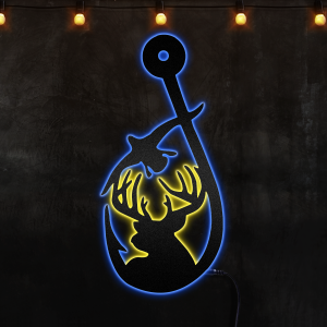 Deer and Duck Fishing Hook Neon Lights Metal Wall Art, Great Intdoor Sign For Tackle Shop or Kingfisher