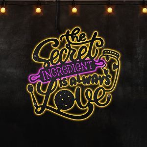 The Secret Ingredient Is Always Love - Metal Kitchen Wall Art Decor, Neon Lights Metal Wall Art