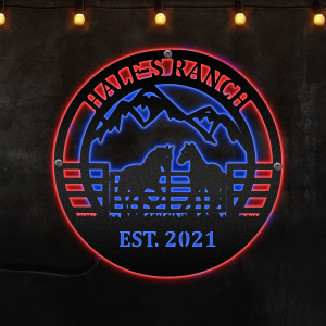 personalized horse ranch gate In Mountian Background Afcultures Custom Neon Metal Sign, Neon Lights Metal Wall Art