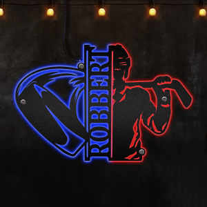 Custom Hockey Player Name, Hockey Player Holding Hockey Stick On Shoulder Neon Lights Metal Wall Art