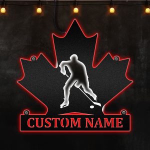 Custom Hockey Player and Maple Leaf Neon Lights Metal Wall Art