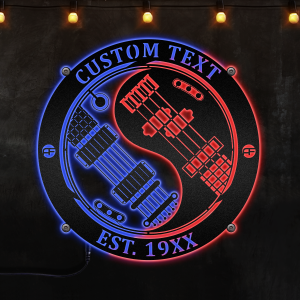 Electric and Bass Guitar, Yin & Yang Round Metal Wall Art Neon Led Lights with Custom Text and Time Perfect Gift for Him