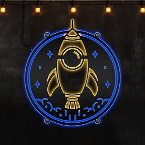 Spaceship Fly Into The Galaxy Neon Lights Metal Wall Art