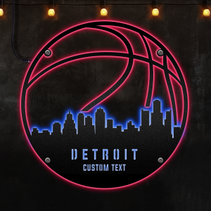Custom Detroit basketball Afcultures Custom Neon Metal Sign, Neon Lights Metal Wall Art, Personalized Sports Name Sign Decoration For Room, Basketball Player Outdoor Home Decor Gift