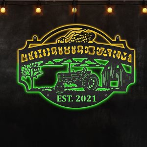 Peaceful Image Of Farmer With Tractor, Tree and Corn Neon Lights Metal Wall Art Gift For Farmer
