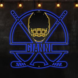 Custom Hockey Stick Afcultures Custom Neon Metal Sign, Neon Lights Metal Wall Art, Personalized Hockey Player Name Sign Decoration In Living Room, Ice Hockey Home Decor