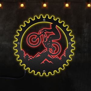 Mountain Biking Man Uphill Chain Frame Neon Lights Metal Wall Art - MS"