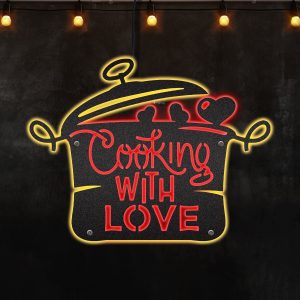 Cooking With Love - Neon Lights Metal Wall Art Metal Sign Decor With Saucepan for Kitchen - MS"