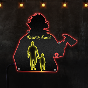 Custom Name Firefighter Father And Son Neon Lights Metal Wall Art
