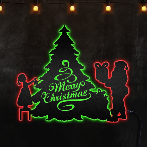 Santa Put Gifts and Girl Decorates Christmas Tree Custom Neon Metal Sign, Neon Lights Metal Wall Art - MS