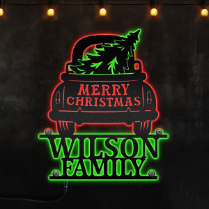 Xmas Car And Tree Merry Christmas Custom Custom Neon Metal Sign, Neon Lights Metal Wall Art - MS