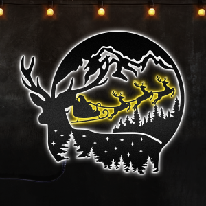 Reindeer And Santa Christmas Sence Custom Neon Metal Sign, Neon Lights Metal Wall Art