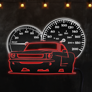 Old School Muscle Car And Speedometer Custom Neon Metal Sign, Neon Lights Metal Wall Art