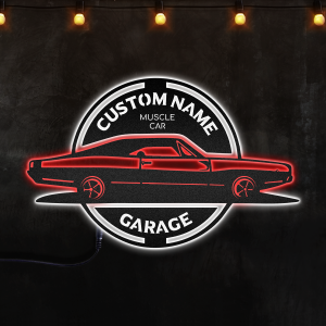 Custom Muscle Car Garage Name Sign Custom Neon Metal Sign, Neon Lights Metal Wall Art With Led Lights - MS