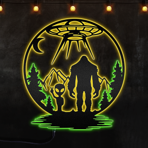 Bigfoot And Alien Under The Moon Custom Neon Metal Sign, Neon Lights Metal Wall Art With Led Lights - MS