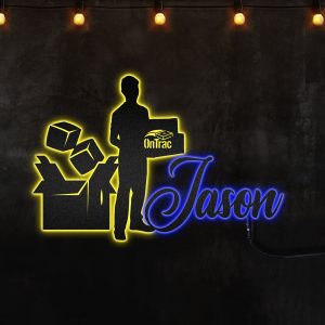 Custom Metal Sign Delivery Man With OnTrac Logo Custom Neon Metal Sign, Neon Lights Metal Wall Art With Led Lights - MS