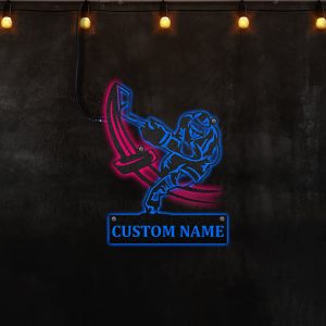 Custom Hockey Player Swings Stick Neon Lights Metal Wall Art