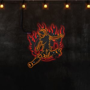 Soccer Kid on fire Neon Lights Metal Wall Art