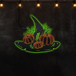 Pumpkin And Witch Hat Neon Lights Metal Wall Art