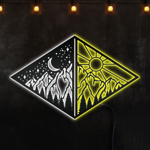 Sun, Moon And Mountain Metal Home Decor, Afcultures Custom Neon Metal Sign, Neon Lights Metal Wall Art With Led Lights - MS