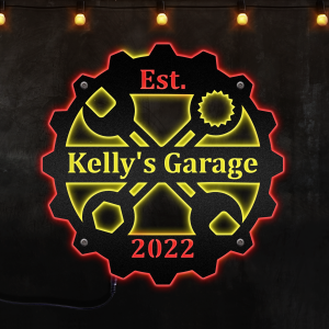 Custom Metal Circle Garage Sign With Spanner Decoration, Neon Lights Metal Wall Art - MS"