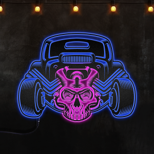Hot Rod With Skull Custom Neon Metal Sign, Neon Lights Metal Wall Art With Led Lights - MS