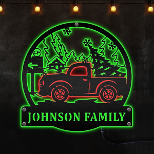 Personalized Christmas Tree Truck Custom Neon Metal Sign, Neon Lights Metal Wall Art With Led Lights - MS