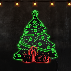 Xmas Tree And Gifts Merry Christmas Metal Wall Decor Custom Neon Metal Sign, Neon Lights Metal Wall Art With Led Lights - MS
