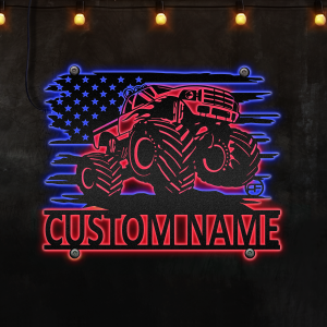 Custom US Monster Truck Metal Wall Art With LED Light, Afcultures Custom Neon Metal Sign, Neon Lights Metal Wall Art Personalized Monster Truck Name Sign Decoration For Room, Monster Truck LED Decor